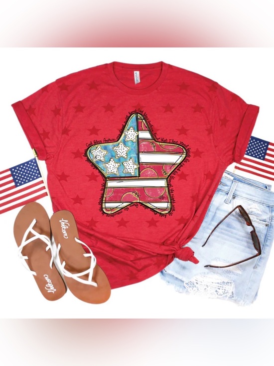 Tops - Red American Flag Star Graphic Tee